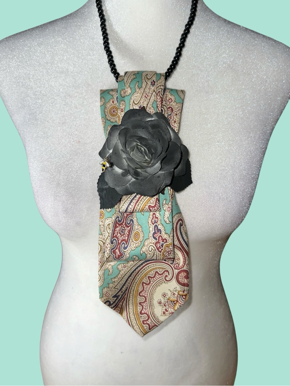 Paisley Silk Tie Necklace with Black Floral Accent